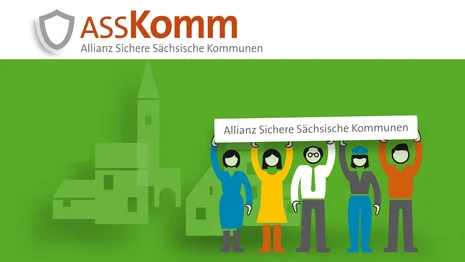 Eine Grafik mit vier bunten Figuren, welche eine Schild hochhalten mit der Aufschrift Allianz sichere sächsische Kommunen sowie das ASSKomm Logo
