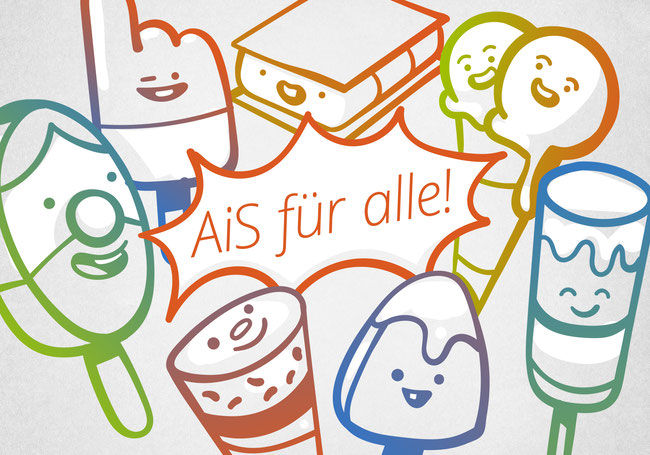 Zeichnung von verschiedenen bunten Eissorten mit lächelnden Gesichtern und in der Mitte die Aufschrift "AiS für alle!".