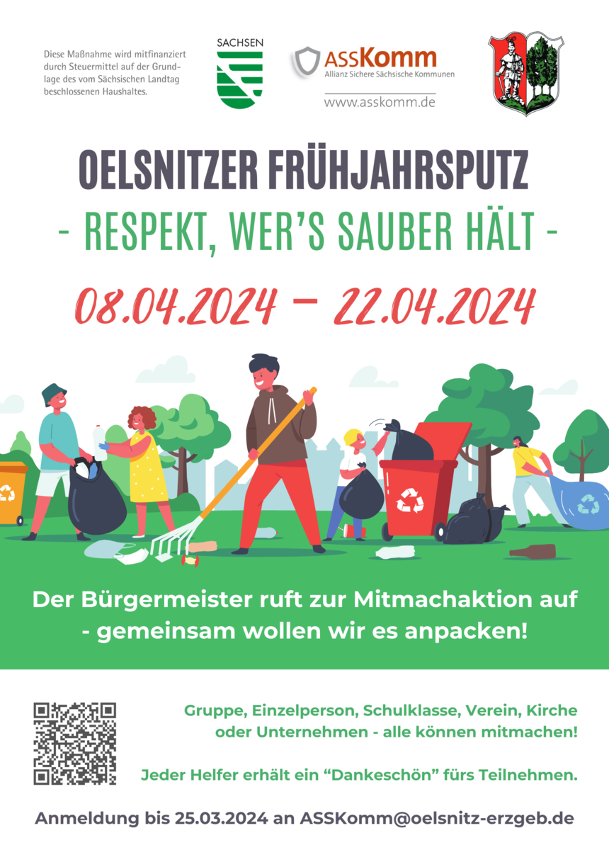 Plakat des Oelsnitzer Frühjahrsputzes. In der Mitte sieht man eine Zeichnung von fünf lächelnden Personen, die Müll aufsammeln und entsorgen. Über der Überschrift sind zudem Logos vom Freistaat Sachsen, ASSKomm und Oelsnitz.