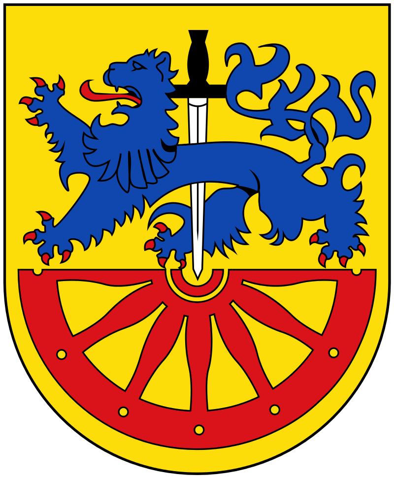 Wappen der Stadt Radeberg mit blauem Löwen und Schwert.